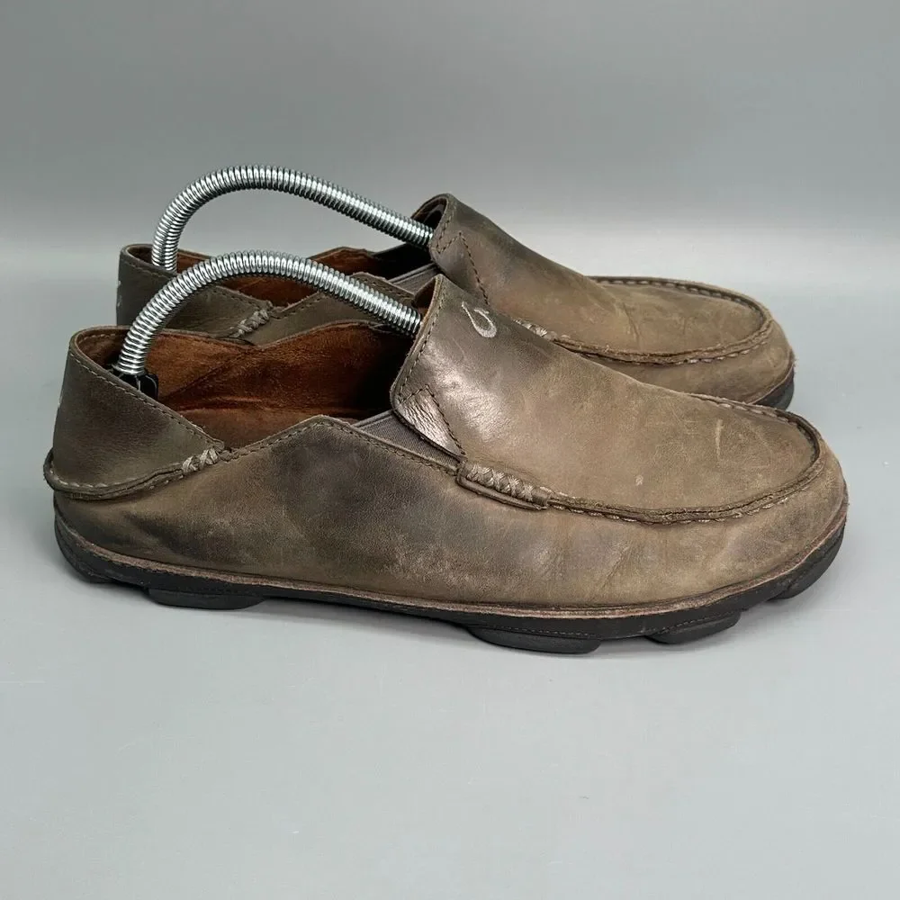 Olukai Moloa Men's 8.5 Brown Leather Casual Shoes Slip-On Low Top Sneakers
